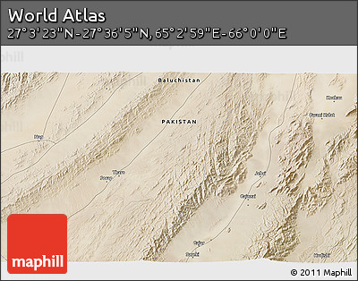 Satellite 3D Map of the Area around 27° 19' 44" N, 65° 31' 30" E