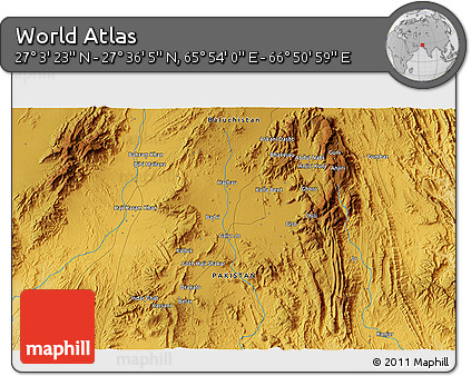 Physical 3D Map of the Area around 27° 19' 44" N, 66° 22' 30" E