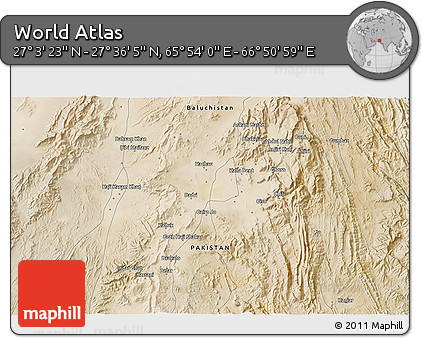Satellite 3D Map of the Area around 27° 19' 44" N, 66° 22' 30" E