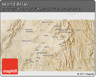 Satellite 3D Map of the Area around 27° 19' 44" N, 66° 22' 30" E