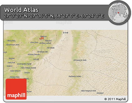 Satellite 3D Map of the Area around 27° 19' 44" N, 68° 55' 30" E