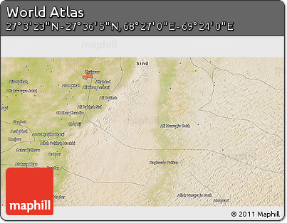 Satellite 3D Map of the Area around 27° 19' 44" N, 68° 55' 30" E