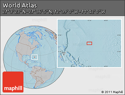 Gray Location Map of the Area around 27° 19' 44" N, 72° 10' 30" W, hill shading