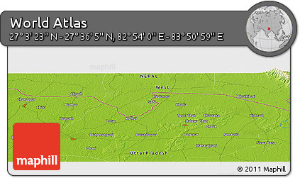 Physical Panoramic Map of the Area around 27° 19' 44" N, 83° 22' 30" E