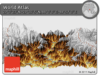 Physical Panoramic Map of the Area around 27°&nbsp;19'&nbsp;44"&nbsp;N,&nbsp;88°&nbsp;28'&nbsp;29"&nbsp;E