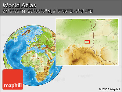 Physical Location Map of the Area around 27° 19' 44" N, 8° 34' 29" E