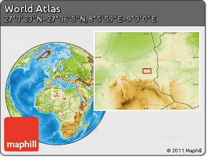Physical Location Map of the Area around 27° 19' 44" N, 8° 34' 29" E