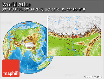 Physical Location Map of the Area around 27° 19' 44" N, 90° 10' 30" E
