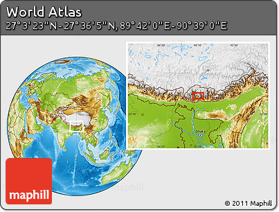 Physical Location Map of the Area around 27° 19' 44" N, 90° 10' 30" E