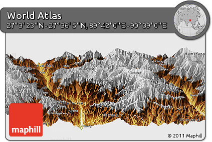 Physical Panoramic Map of the Area around 27° 19' 44" N, 90° 10' 30" E