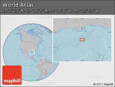 Gray Location Map of the Area around 27° 19' 44" N, 90° 1' 30" W, hill shading