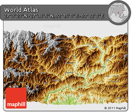 Physical 3D Map of the Area around 27° 19' 44" N, 92° 43' 29" E