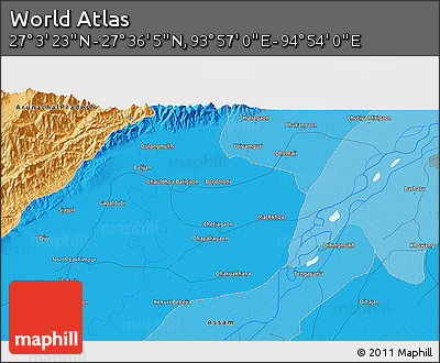 Political 3D Map of the Area around 27° 19' 44" N, 94° 25' 30" E