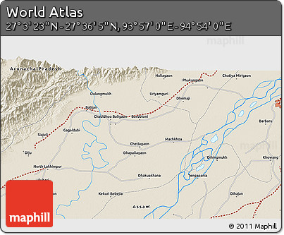 Shaded Relief 3D Map of the Area around 27° 19' 44" N, 94° 25' 30" E