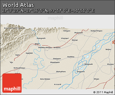 Shaded Relief 3D Map of the Area around 27° 19' 44" N, 94° 25' 30" E