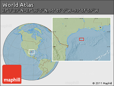 Savanna Style Location Map of the Area around 27° 19' 44" N, 94° 16' 30" W, hill shading