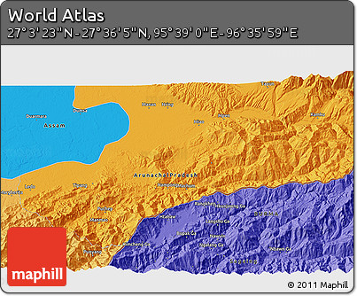 Political 3D Map of the Area around 27° 19' 44" N, 96° 7' 30" E