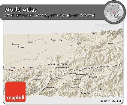 Shaded Relief 3D Map of the Area around 27° 19' 44" N, 96° 7' 30" E