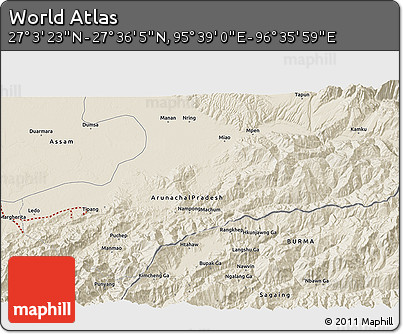 Shaded Relief 3D Map of the Area around 27° 19' 44" N, 96° 7' 30" E