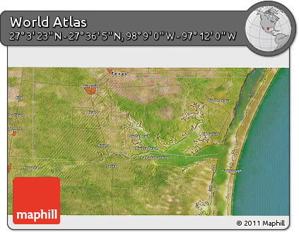 Satellite 3D Map of the Area around 27° 19' 44" N, 97° 40' 30" W