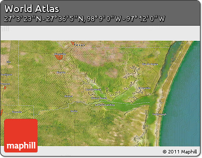 Satellite 3D Map of the Area around 27° 19' 44" N, 97° 40' 30" W