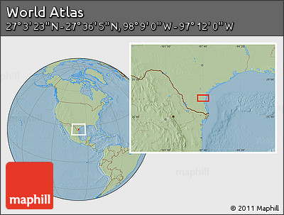 Savanna Style Location Map of the Area around 27° 19' 44" N, 97° 40' 30" W, hill shading