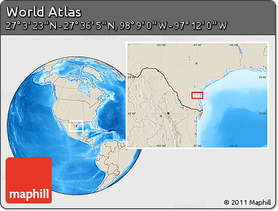 Shaded Relief Location Map of the Area around 27° 19' 44" N, 97° 40' 30" W