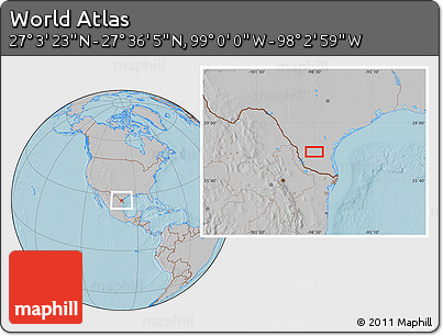 Gray Location Map of the Area around 27° 19' 44" N, 98° 31' 30" W, hill shading