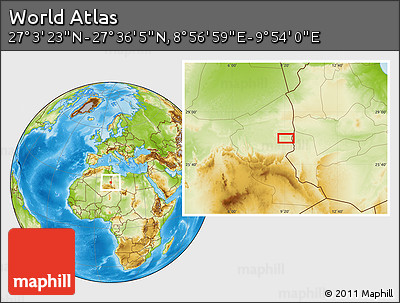 Physical Location Map of the Area around 27° 19' 44" N, 9° 25' 30" E