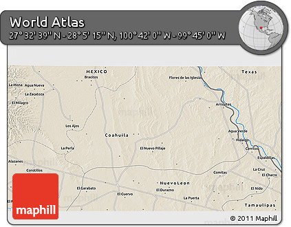 Shaded Relief 3D Map of the Area around 27° 48' 57" N, 100° 13' 29" W