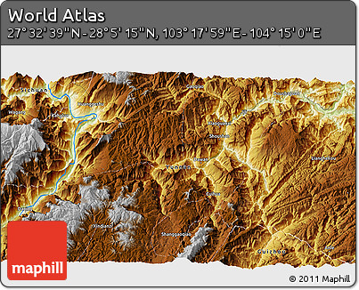 Physical 3D Map of the Area around 27° 48' 57" N, 103° 46' 30" E