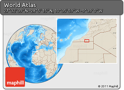 Shaded Relief Location Map of the Area around 27° 48' 57" N, 10° 7' 30" W