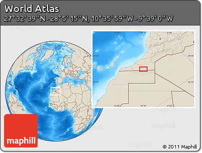 Shaded Relief Location Map of the Area around 27° 48' 57" N, 10° 7' 30" W