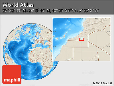 Shaded Relief Location Map of the Area around 27° 48' 57" N, 10° 7' 30" W