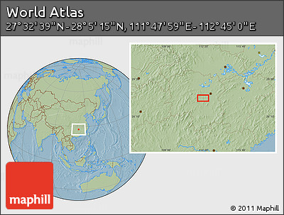 Savanna Style Location Map of the Area around 27° 48' 57" N, 112° 16' 30" E, hill shading