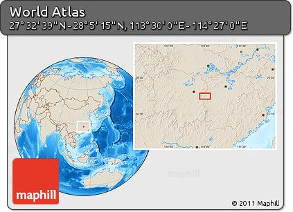 Shaded Relief Location Map of the Area around 27° 48' 57" N, 113° 58' 29" E