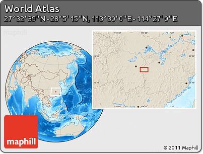 Shaded Relief Location Map of the Area around 27° 48' 57" N, 113° 58' 29" E