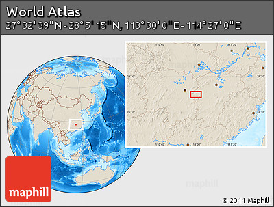 Shaded Relief Location Map of the Area around 27° 48' 57" N, 113° 58' 29" E