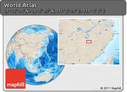 Shaded Relief Location Map of the Area around 27° 48' 57" N, 116° 31' 30" E