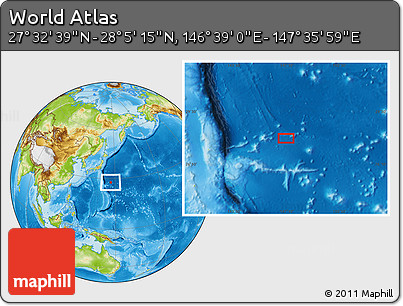 Physical Location Map of the Area around 27° 48' 57" N, 147° 7' 30" E