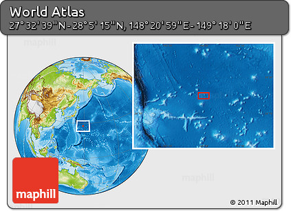Physical Location Map of the Area around 27° 48' 57" N, 148° 49' 29" E