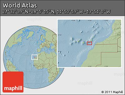 Savanna Style Location Map of the Area around 27° 48' 57" N, 14° 22' 30" W, hill shading