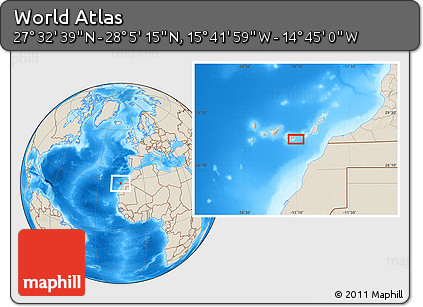 Shaded Relief Location Map of the Area around 27° 48' 57" N, 15° 13' 29" W