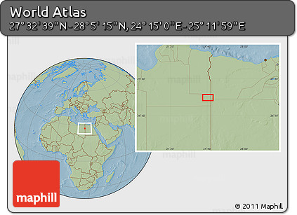 Savanna Style Location Map of the Area around 27° 48' 57" N, 24° 43' 30" E, hill shading