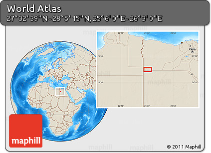 Shaded Relief Location Map of the Area around 27° 48' 57" N, 25° 34' 30" E