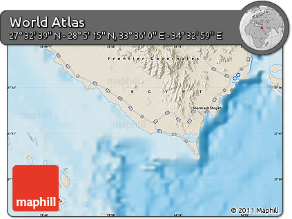 Shaded Relief Map of the Area around 27° 48' 57" N, 34° 4' 30" E