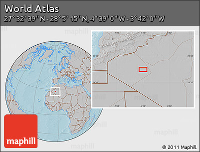 Gray Location Map of the Area around 27° 48' 57" N, 4° 10' 30" W, hill shading
