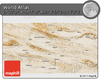 Satellite 3D Map of the Area around 27° 48' 57" N, 53° 37' 30" E