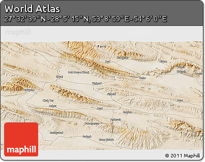 Satellite 3D Map of the Area around 27° 48' 57" N, 53° 37' 30" E