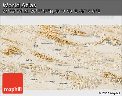 Satellite 3D Map of the Area around 27° 48' 57" N, 53° 37' 30" E